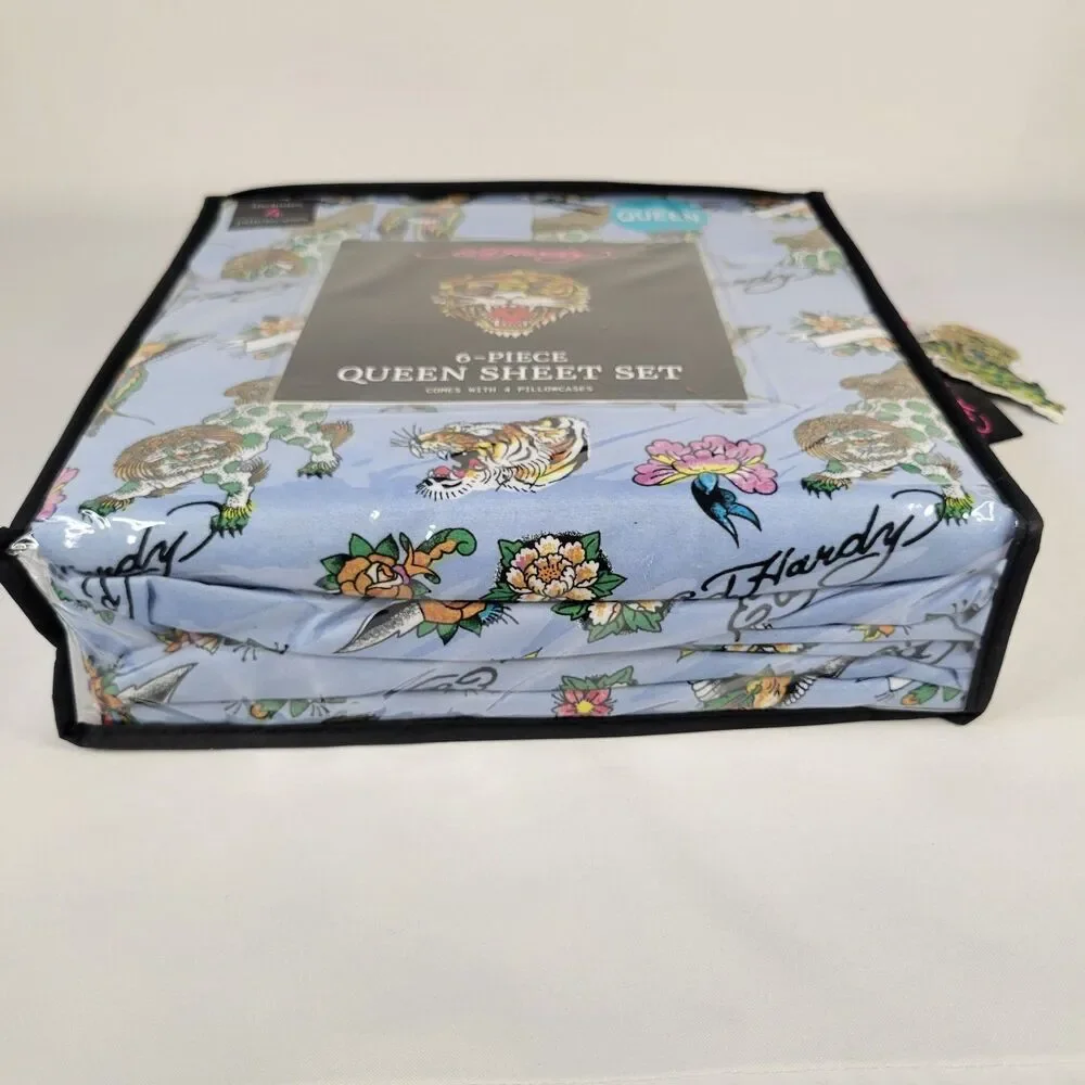 Ed Hardy QUEEN Blue Sheets Set 6pc Tattoo Foo Dog Tiger Floral Bird Heart Rose
